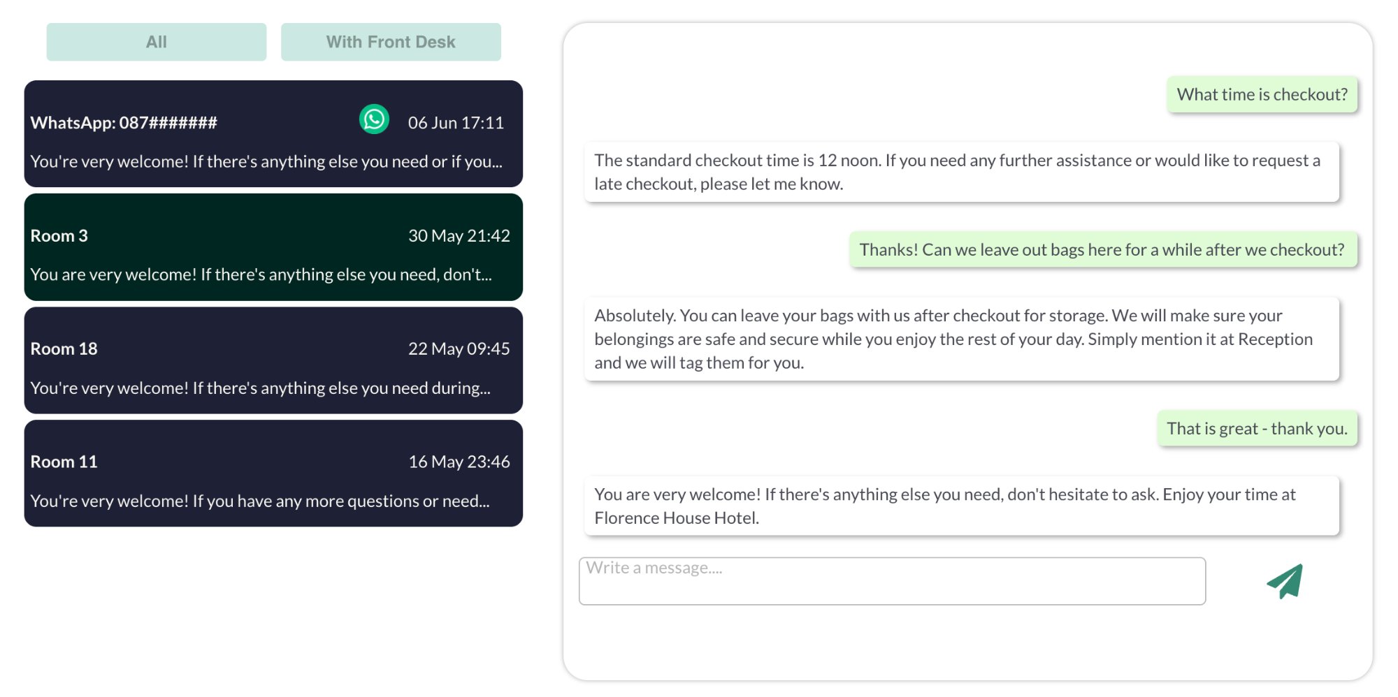 Staff dashboard showing all guest conversations