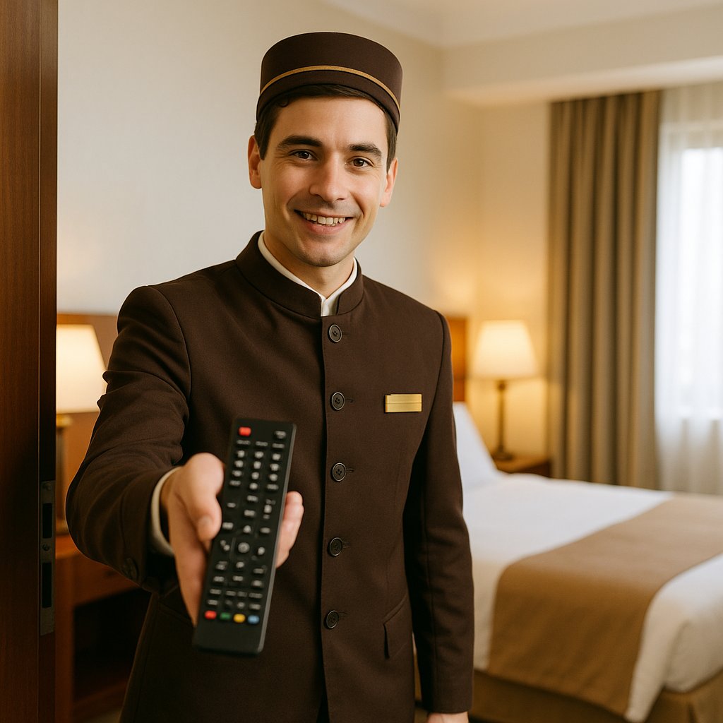 Hotel staff delivering resolution to guest room